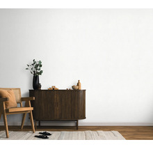 Woonruimte met witte muurafwerking, donkerhouten dressoir met latjesdeuren en een stoel in rotandesign op een licht tapijt.