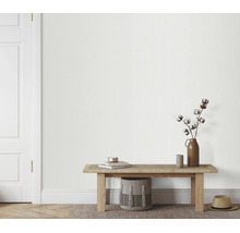 Lichte muur in een modern ingerichte hal met een houten bank, katoentakken in een vaas en een gevlochten mand.