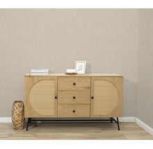 Houten dressoir met rotan vlechtwerk fronten, drie lades en twee deuren op een zwart metalen onderstel in een modern ingerichte kamer.