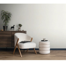 Woonkamer met moderne fauteuil in bouclé look, ronde poef, houten dressoir en kamerplant in een lichte en huiselijke omgeving.