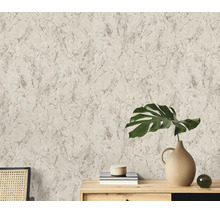 Gestructureerd vliesbehang met steenlook oppervlak in een kamer met houten dressoir en monstera plant als decoratie.