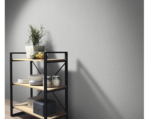 Een gladde, effen muurafwerking met een modern rek van metaal en hout, gedecoreerd met planten, schalen en opbergdozen.