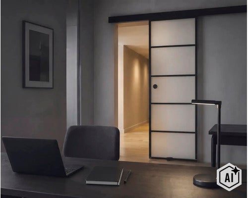 Een werkkamer met een bureau, een LED-bureaulamp en een moderne glazen schuifdeur met een zwart frame. (Image AI modified or generated)