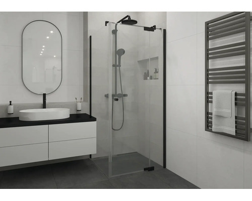 Moderne badkamer met glazen douche, zwarte douchekraan, witte opzetwastafel en grijze handdoekradiator.