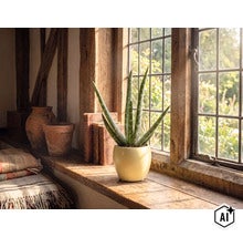 Aloe vera kamerplant in een beige keramieken pot op een rustieke houten vensterbank voor een licht venster met roeden. (Image AI modified or generated)