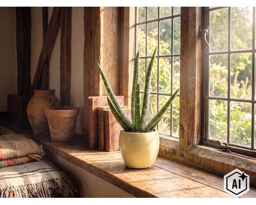 Aloe vera kamerplant in een beige keramieken pot op een rustieke houten vensterbank voor een licht venster met roeden. (Image AI modified or generated)
