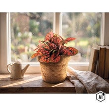 Kamerplant met rood gevlekte bladeren in een vezelpot op een houten vensterbank naast een kleine gieter. (Image AI modified or generated)