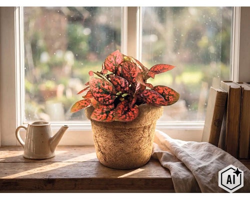 Kamerplant met rood gevlekte bladeren in een vezelpot op een houten vensterbank naast een kleine gieter. (Image AI modified or generated)