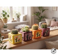 Vier kleine cactussen in vierkante keramieken potten met cactusmotief op een houten plank in een lichte, modern ingerichte woonkamer. (Image AI modified or generated)