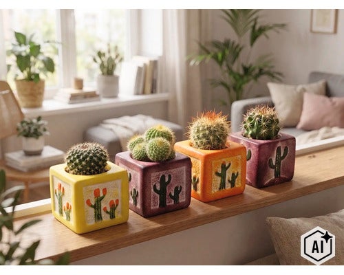 Vier kleine cactussen in vierkante keramieken potten met cactusmotief op een houten plank in een lichte, modern ingerichte woonkamer. (Image AI modified or generated)
