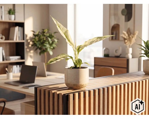 Kamerplant Dieffenbachia in een keramieken pot op een houten lattenwand in een licht, modern kantoor. (Image AI modified or generated)