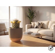 Kleine bloeiende cactus in een keramische pot op een houten tafel in een lichte, moderne woonkamer met bank en kamerplant. (Image AI modified or generated)