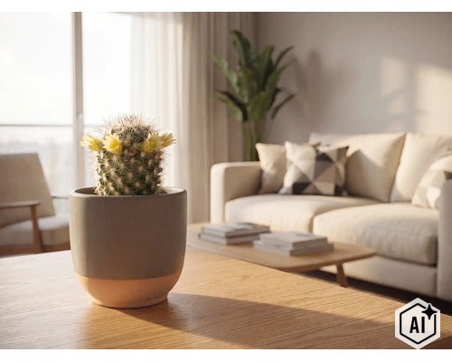 Kleine bloeiende cactus in een keramische pot op een houten tafel in een lichte, moderne woonkamer met bank en kamerplant. (Image AI modified or generated)