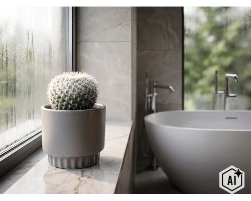 Een kleine cactus in een grijze keramische pot op een marmeren vensterbank. Op de achtergrond staat een wit, vrijstaand bad in een lichte, moderne badkamer met grote ramen. (Image AI modified or generated)