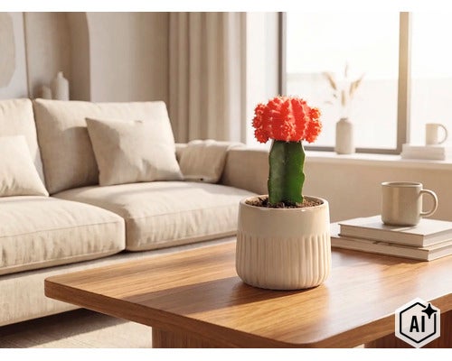 Geënte cactus in geribbelde keramische pot op een houten salontafel in een lichte woonkamer met bank. (Image AI modified or generated)