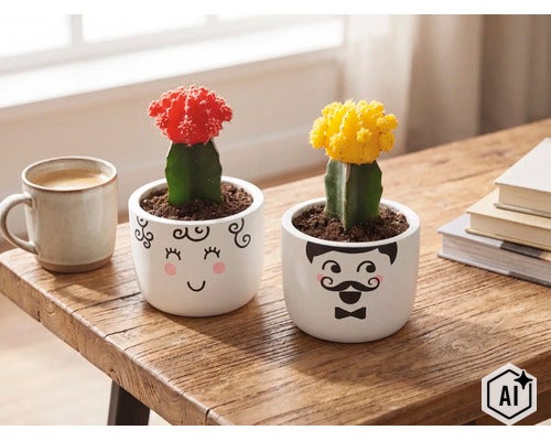 Twee geënte cactussen in witte keramische potten met gezichtsdecoratie op een houten tafel naast een kopje koffie en boeken. (Image AI modified or generated)