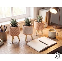 Drie succulenten in gedecoreerde keramische potten met houten poten op een licht houten bureau in een heldere, georganiseerde kantooromgeving. (Image AI modified or generated)
