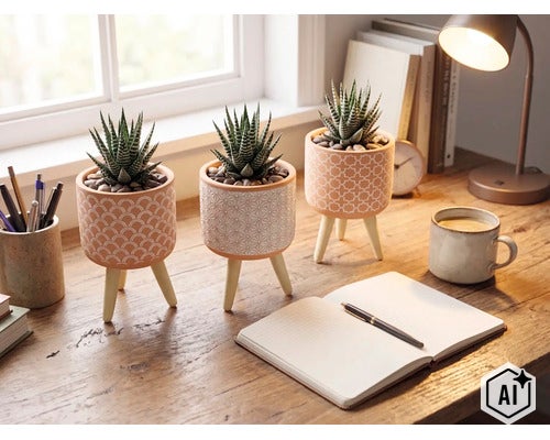 Drie succulenten in gedecoreerde keramische potten met houten poten op een licht houten bureau in een heldere, georganiseerde kantooromgeving. (Image AI modified or generated)