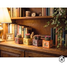 Houten boekenplank met vier vierkante keramische bloempotten met cactusmotieven, bloeiende cactussen, boeken, een lamp en een fotolijst. (Image AI modified or generated)