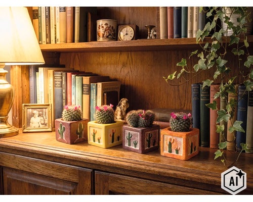 Houten boekenplank met vier vierkante keramische bloempotten met cactusmotieven, bloeiende cactussen, boeken, een lamp en een fotolijst. (Image AI modified or generated)