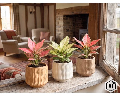 Drie Aglaonema kamerplanten in bewerkte keramieken potten op een rustieke houten vensterbank. (Image AI modified or generated)
