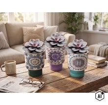 Drie vetplanten in keramieken potten met mandala-patronen op een houten salontafel in een lichte, georganiseerde woonkamer met bank. (Image AI modified or generated)