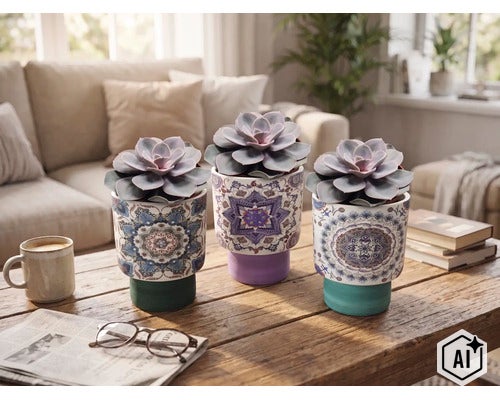 Drie vetplanten in keramieken potten met mandala-patronen op een houten salontafel in een lichte, georganiseerde woonkamer met bank. (Image AI modified or generated)