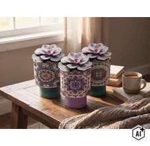 Drie Echeveria-vetplanten in decoratieve keramische potten met mandalapatroon op een houten tafel in een lichte kamer. (Image AI modified or generated)