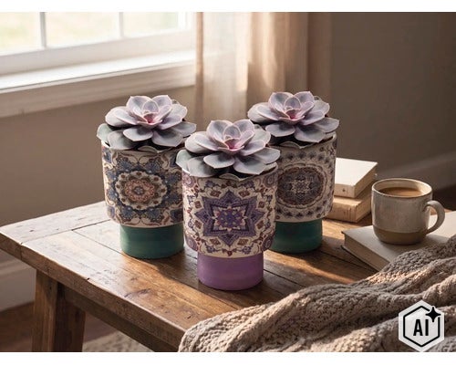 Drie Echeveria-vetplanten in decoratieve keramische potten met mandalapatroon op een houten tafel in een lichte kamer. (Image AI modified or generated)
