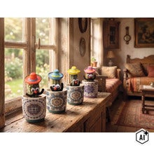 Vier gedecoreerde cactussen met miniatuur sombrero's, oogjes en snorren in keramieken potten op een rustieke vensterbank. (Image AI modified or generated)