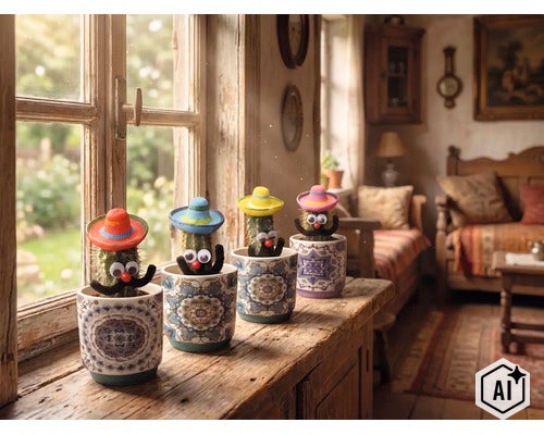 Vier gedecoreerde cactussen met miniatuur sombrero's, oogjes en snorren in keramieken potten op een rustieke vensterbank. (Image AI modified or generated)