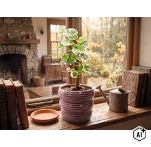 Polyscias kamerplant in een paarse keramieken pot op een vensterbank naast boeken en een gieter. (Image AI modified or generated)