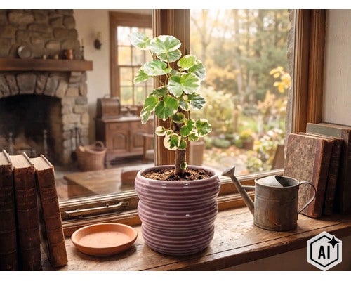 Polyscias kamerplant in een paarse keramieken pot op een vensterbank naast boeken en een gieter. (Image AI modified or generated)