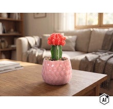 Maancactus in een keramieken pot met textuur op een houten tafel. Lichte, moderne woonkamer met een bank en boekenkast op de achtergrond. (Image AI modified or generated)