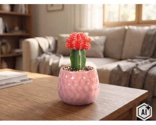 Maancactus in een keramieken pot met textuur op een houten tafel. Lichte, moderne woonkamer met een bank en boekenkast op de achtergrond. (Image AI modified or generated)