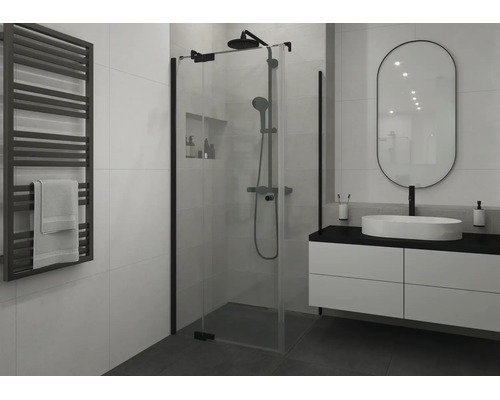 Moderne badkamer met glazen inloopdouche, zwart douchesysteem, wit wastafelmeubel, ovale spiegel en zwarte handdoekradiator.