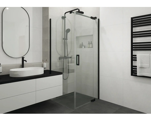 Moderne badkamer met glazen hoekdouche, zwart douchesysteem, wit wastafelmeubel met opbouwkom, zwarte kraan en handdoekradiator.