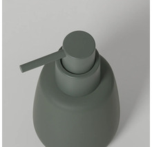 Matte zeepdispenser in groen met een afgeronde romp en cilindrische pomp.