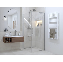 Moderne, lichte badkamer met glazen douchecabine, houten wastafelmeubel, ovale spiegel en een witte handdoekradiator.
