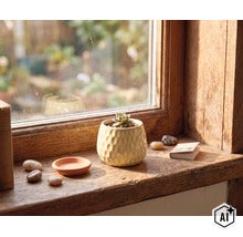 Kleine succulent in een getextureerde keramische bloempot op een houten vensterbank, met kleine decoratiestenen. (Image AI modified or generated)