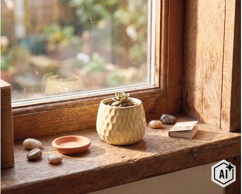Kleine succulent in een getextureerde keramische bloempot op een houten vensterbank, met kleine decoratiestenen. (Image AI modified or generated)