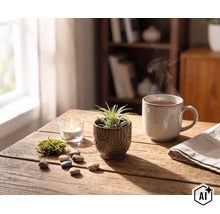 Tillandsia luchtplant in een decoratieve keramische pot op een houten tafel naast een dampende mok en een brandende kaars. (Image AI modified or generated)