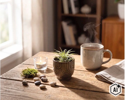 Tillandsia luchtplant in een decoratieve keramische pot op een houten tafel naast een dampende mok en een brandende kaars. (Image AI modified or generated)