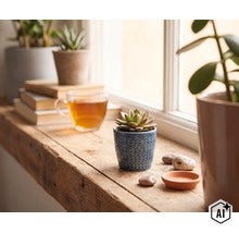 Gedecoreerde houten vensterbank met een kleine vetplant in een blauwe sierpot met patroon, een kop thee, boeken en andere kamerplanten. (Image AI modified or generated)