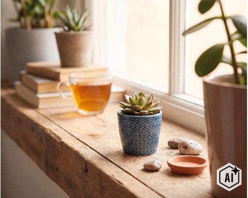 Gedecoreerde houten vensterbank met een kleine vetplant in een blauwe sierpot met patroon, een kop thee, boeken en andere kamerplanten. (Image AI modified or generated)