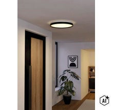 Platte, ronde LED-plafondlamp met zwarte rand, brandend in een modern ingerichte gang met houten deur en plant. (Image AI modified or generated)