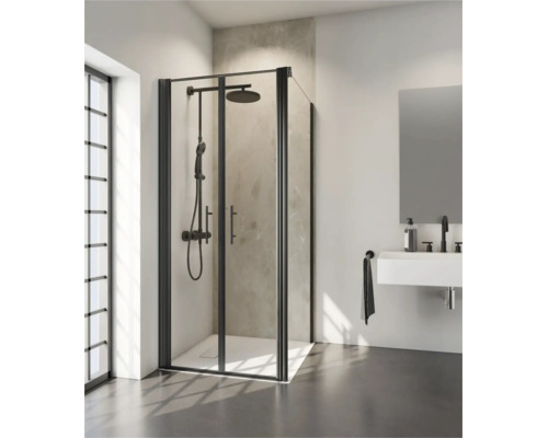 Moderne hoekdouche met vouwdeuren en douchesysteem in een lichte badkamer met wastafel.