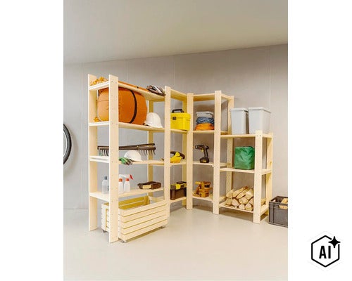 Stabiel houten stellingkast van vurenhout in L-vorm met veel vakken voor het geordend opbergen van gereedschap, materialen en opbergboxen. (Image AI modified or generated)