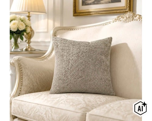 Gestructureerd sierkussen op een klassieke bank in een elegant ingerichte woonkamer met een tafellamp op de achtergrond. (Image AI modified or generated)
