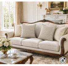 Klassieke woonkamer met elegante houten bank met stoffen bekleding en decoratieve kussens voor een open haard in een lichte ruimte. (Image AI modified or generated)